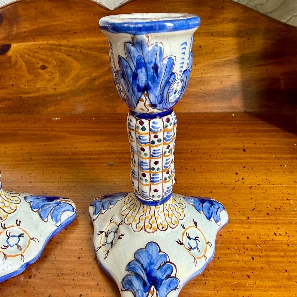Vintage Delft Style Candlesticks Pair Blue White Hand Painted Dutch Farmhouse - Picture 3 of 9